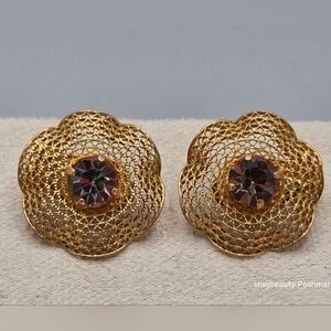 ✨2/$10✨ Filigree Mesh Clip-On Earrings w/ Purple AB Rhinestones Vintage Find